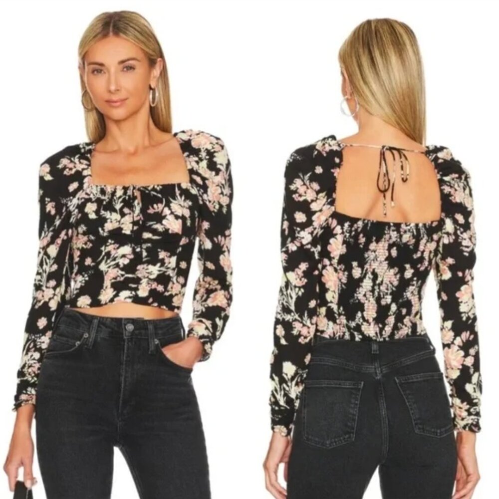 FREE PEOPLE Hilary Dark Floral Printed Square Neckline Top Size M
